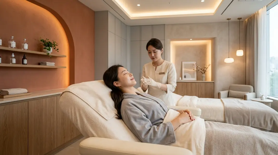 Beautiful aesthetic clinic room in South Korea with warm terracotta tones