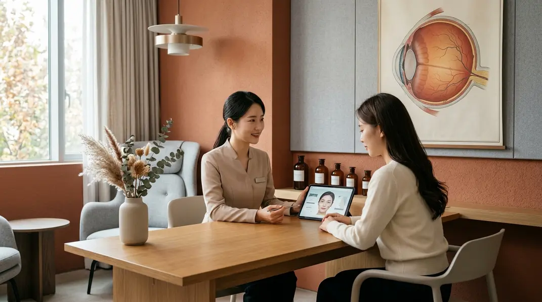 A serene and modern aesthetic clinic consultation room in South Korea with warm lighting and a subtle anatomical eye chart.