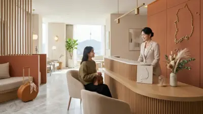 A welcoming and modern South Korean beauty clinic interior, blending medical professionalism with a relaxing travel aesthetic.