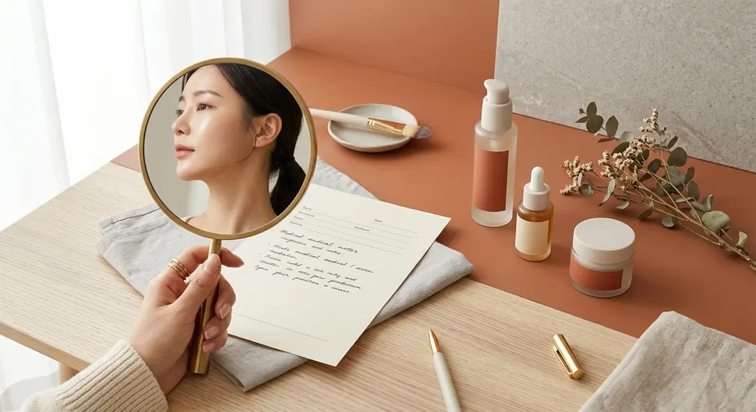 A sophisticated flat lay of a beauty clinic consultation setting for Ultherapy in South Korea