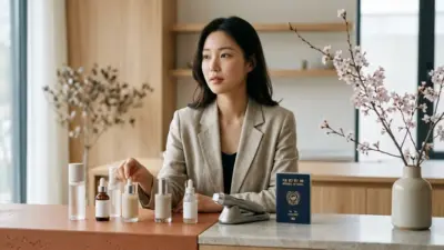 An illustration comparing Korean and Japanese cosmetic procedures, featuring beauty tools and a passport on a terracotta background.