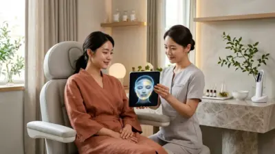 A serene Korean skin clinic setting with a soft terracotta and light gray color palette, featuring aesthetic skincare tools.