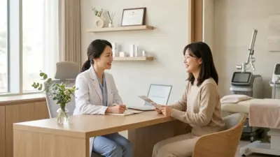 白衣を着た医師が笑顔で女性患者にカウンセリングをしている韓国美容クリニックの様子