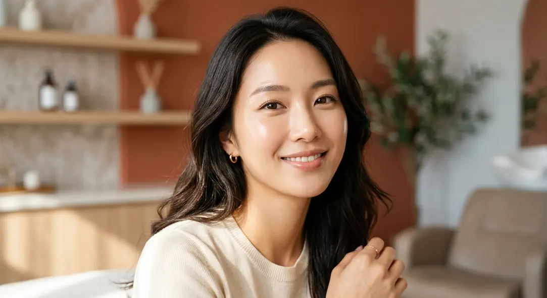 A glowing, flawless face of a woman indicating the results of Korean BB cream treatment.
