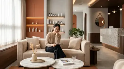 A luxurious and modern waiting area of a Korean dermatology clinic