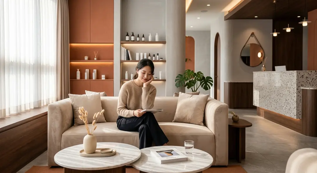A luxurious and modern waiting area of a Korean dermatology clinic