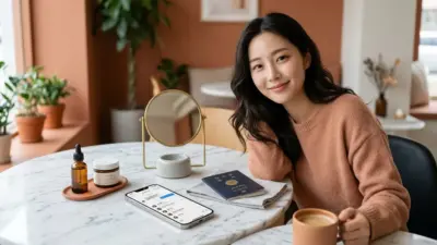 A smartphone displaying a LINE consultation chat with a Korean beauty clinic, surrounded by skincare items.