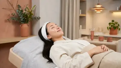 A relaxing scene of a woman with glowing skin at a modern Korean beauty clinic receiving treatment.