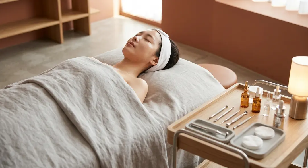 A glowing Korean woman receiving a cosmetic skin treatment, representing the BB glow cushion foundation treatment