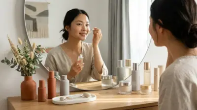 高級感あふれる美容クリニックの洗面台に並べられた、韓国のダーマコスメティック製品のイメージ画像