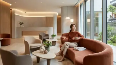 A realistic and aesthetic photo of a modern, luxurious dermatology clinic lobby in Seoul