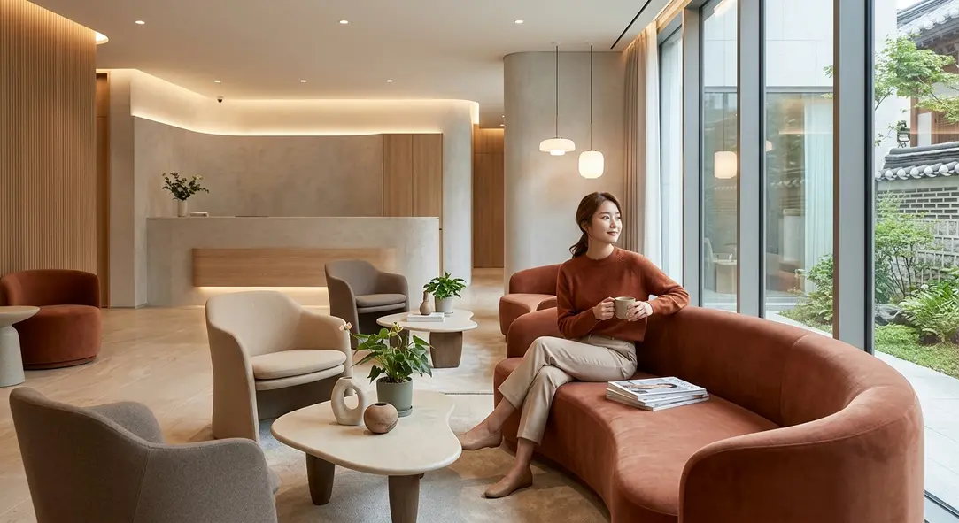 A realistic and aesthetic photo of a modern, luxurious dermatology clinic lobby in Seoul