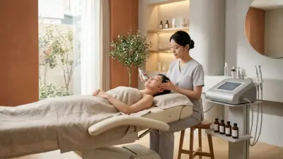 A luxurious and calming Korean dermatology clinic interior showcasing modern skincare equipment
