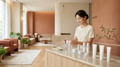 韓国の洗練された美容皮膚科の待合室とスキンケア製品