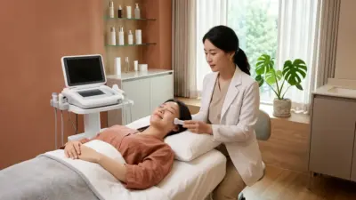 A serene and professional Korean dermatology clinic room with warm terracotta and beige tones.