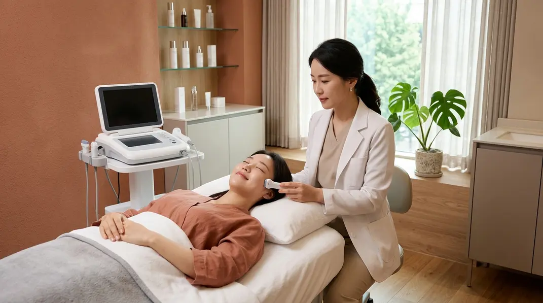 A serene and professional Korean dermatology clinic room with warm terracotta and beige tones.