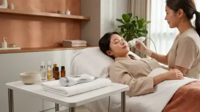 A serene Korean dermatology clinic setting, featuring a facial ultrasound machine and gentle skincare products, ideal for sensitive skin treatments.