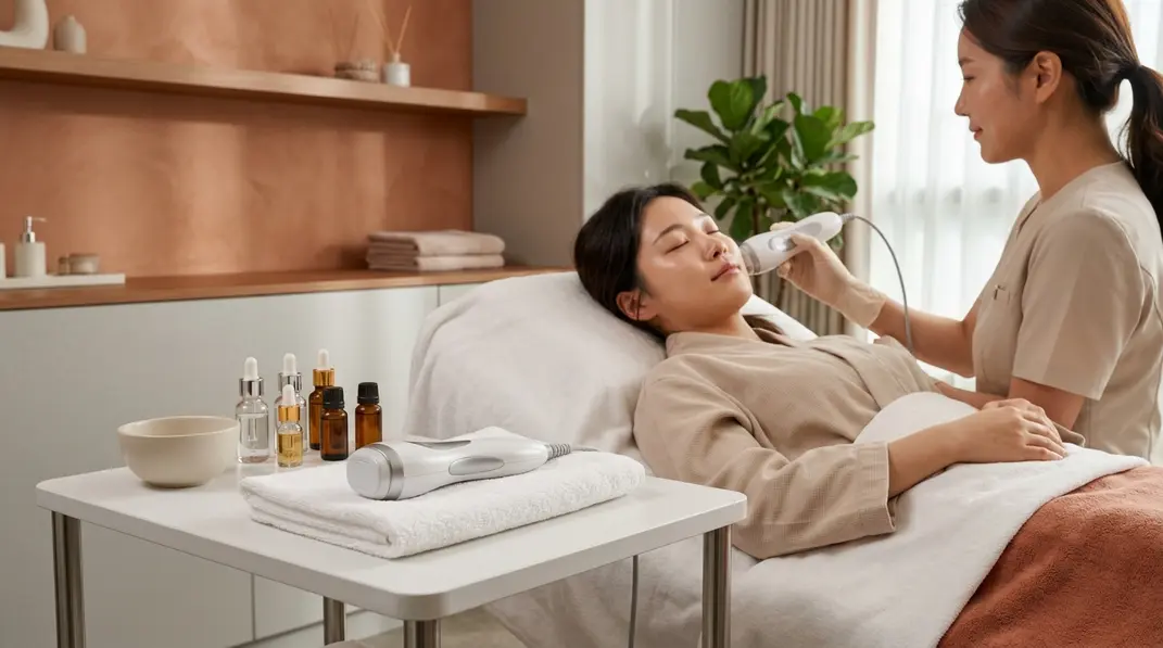 A serene Korean dermatology clinic setting, featuring a facial ultrasound machine and gentle skincare products, ideal for sensitive skin treatments.