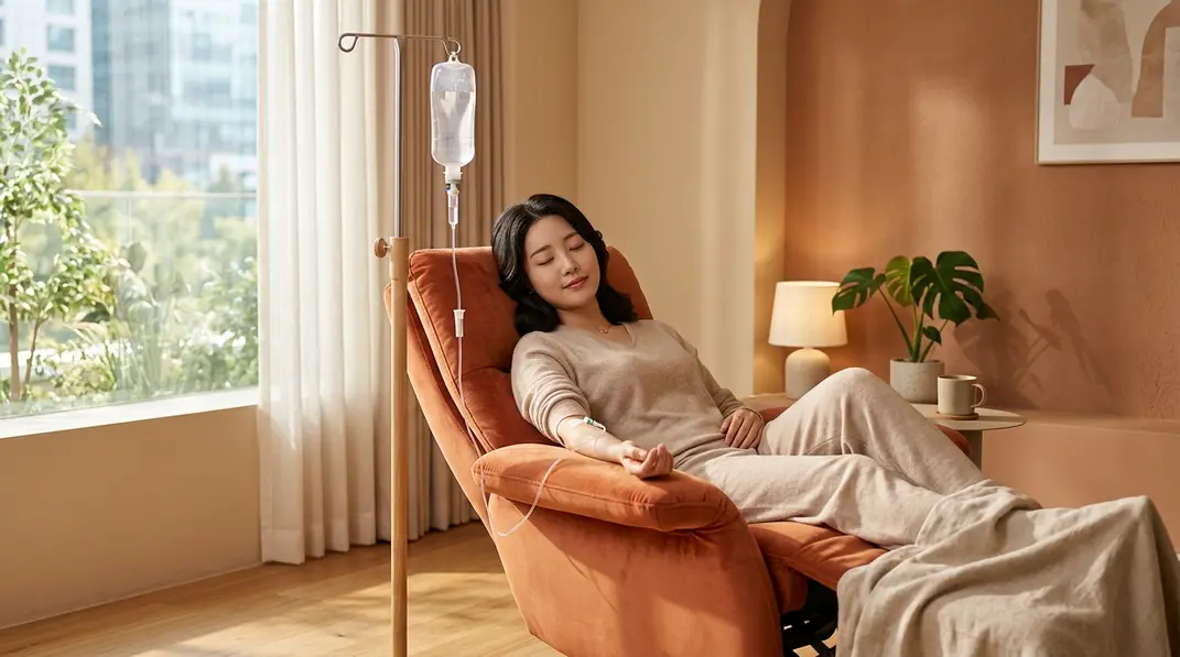 温かみのあるテラコッタとベージュを基調とした韓国美容皮膚科のラグジュアリーな点滴ルーム