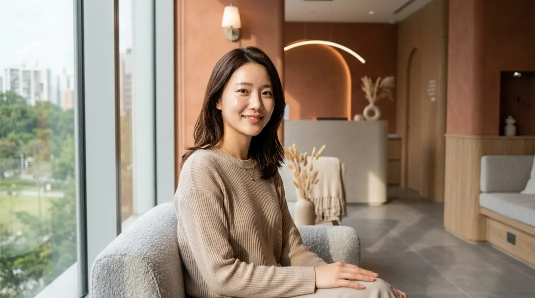 A young woman with bright, glowing skin smiling softly in a modern aesthetic clinic in Korea.