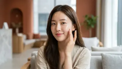 Beautiful female touching her glowing hydrated skin, representing the effects of hyaluronic acid treatment in Korea