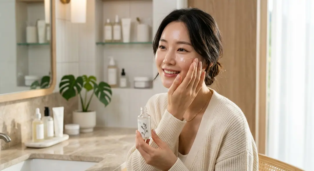 輝く水光肌を持つ美しい韓国人女性がスキンケアをしている様子