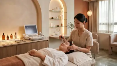 Interior of a luxurious Korean aesthetic clinic featuring advanced equipment and elegant warm tones.