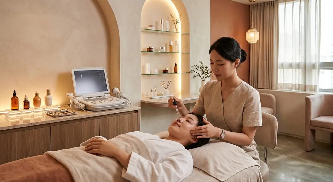 Interior of a luxurious Korean aesthetic clinic featuring advanced equipment and elegant warm tones.