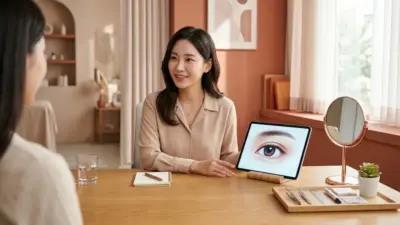 A beautiful cosmetic clinic consultation room with a digital tablet showing a perfect double eyelid outline