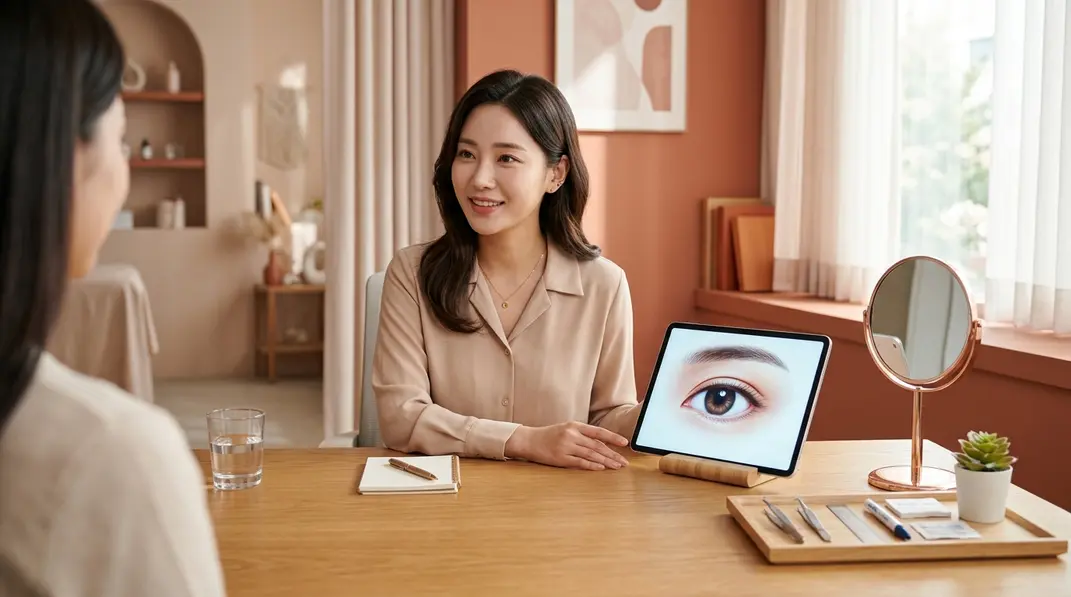 A beautiful cosmetic clinic consultation room with a digital tablet showing a perfect double eyelid outline