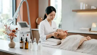 A bright and clean Korean aesthetic clinic setting with a laser machine in the background and premium skincare in the foreground.