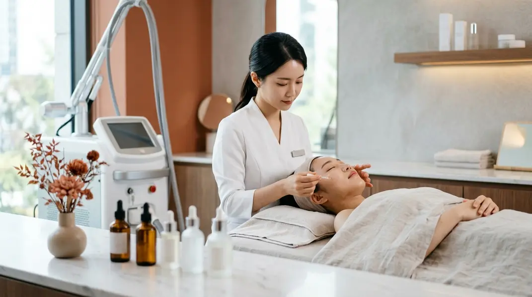 A bright and clean Korean aesthetic clinic setting with a laser machine in the background and premium skincare in the foreground.