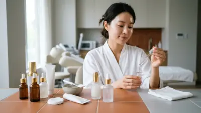 テラコッタとライトグレーを背景に配置された、洗練された韓国のメディカルスキンケア製品と美容液ボトルの写真。