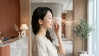 A young beautiful Asian woman lightly touching her perfect nose profile in a modern Korean beauty clinic