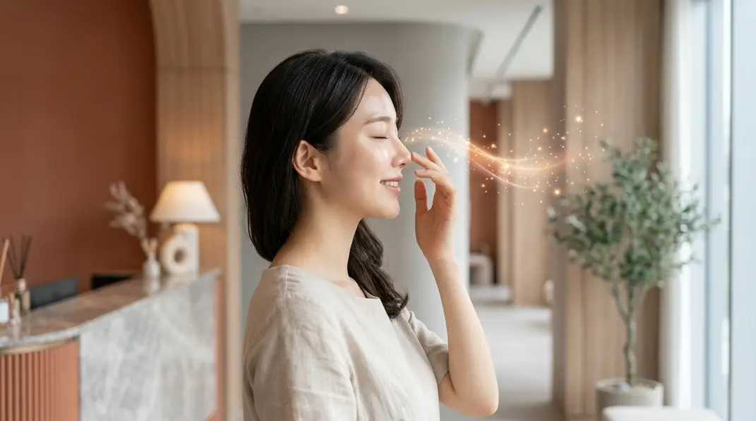 A young beautiful Asian woman lightly touching her perfect nose profile in a modern Korean beauty clinic