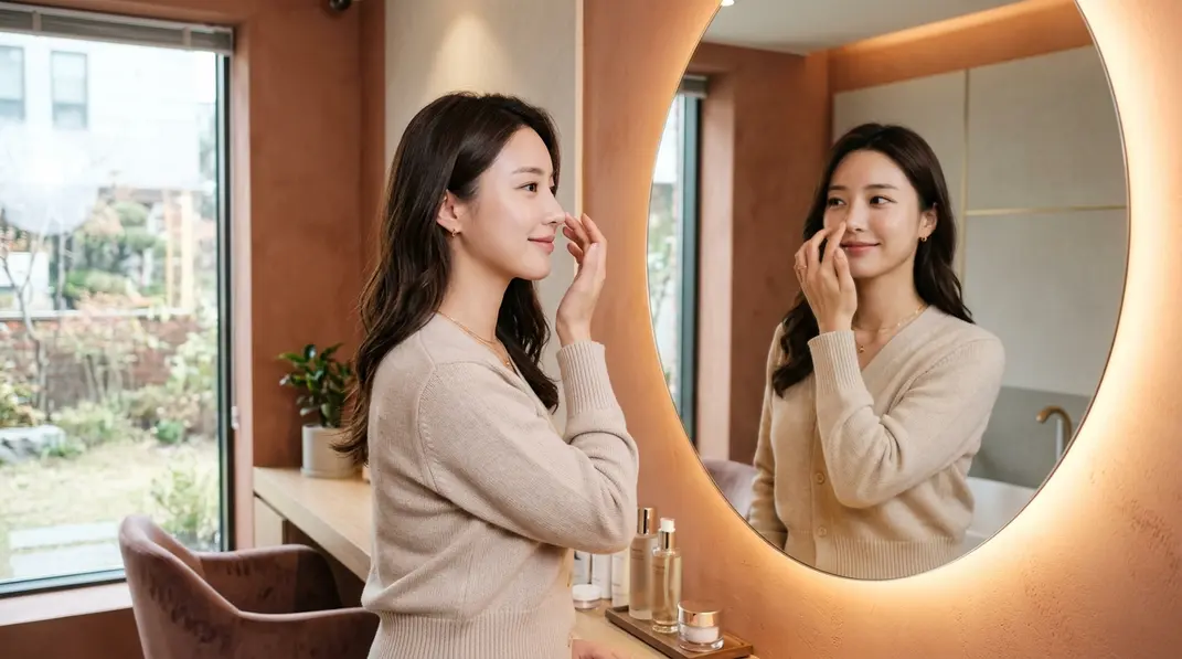 A serene Asian woman gently touching her beautifully sculpted nose looking into a mirror in a luxurious clinic