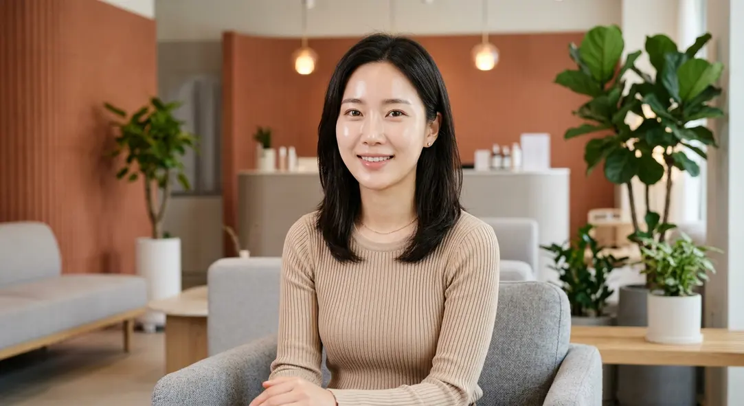 A beautiful Korean woman with flawless, glowing skin looking confidently at the camera in a modern aesthetic clinic setting.