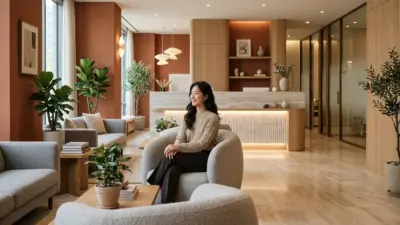 A luxurious modern South Korean dermatology clinic reception.