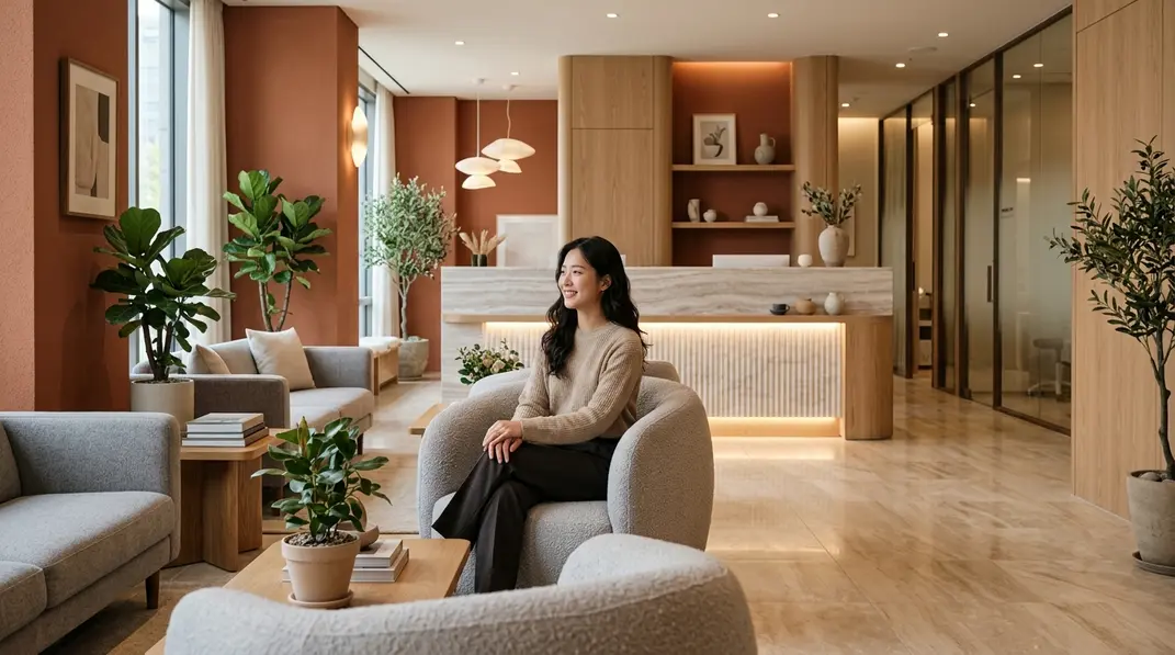 A luxurious modern South Korean dermatology clinic reception.