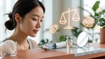A sophisticated concept image comparing Korean cosmetic surgery and dermatology prices, featuring beauty tools and subtle financial symbols.