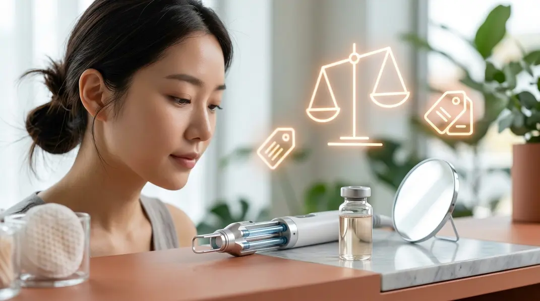 A sophisticated concept image comparing Korean cosmetic surgery and dermatology prices, featuring beauty tools and subtle financial symbols.