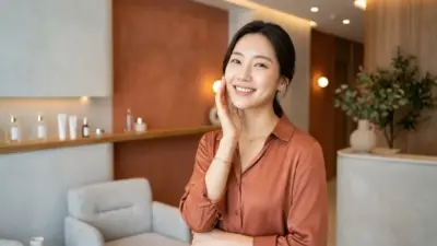 A beautiful glowing skin Korean woman in a high-end bright clinic, with terracotta and light gray tones.