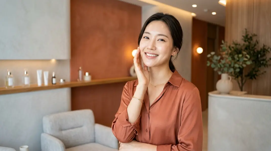 A beautiful glowing skin Korean woman in a high-end bright clinic, with terracotta and light gray tones.