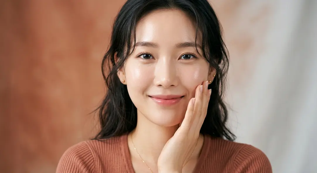 A glowing, radiant Asian woman demonstrating the result of healthy, hydrated skin from a Korean skin booster treatment.