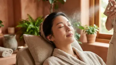 A close up of a woman with radiant, healthy skin receiving a gentle, soothing mist on her face