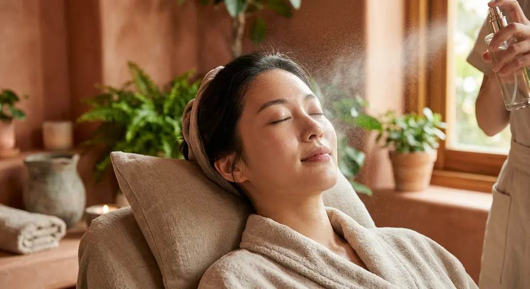 A close up of a woman with radiant, healthy skin receiving a gentle, soothing mist on her face