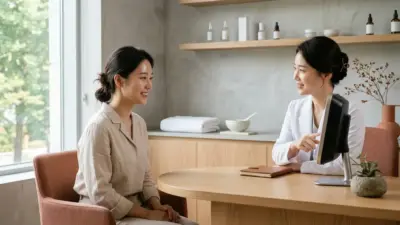 A serene Korean dermatology clinic setting featuring elegant skincare products, soft natural light, and a calming terracotta and light gray color palette.