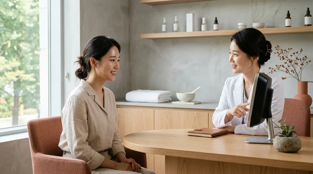 A serene Korean dermatology clinic setting featuring elegant skincare products, soft natural light, and a calming terracotta and light gray color palette.
