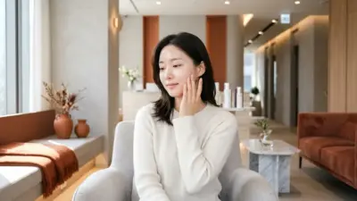A young woman with a clear, glowing complexion gently touching her cheek in a modern Korean clinic.