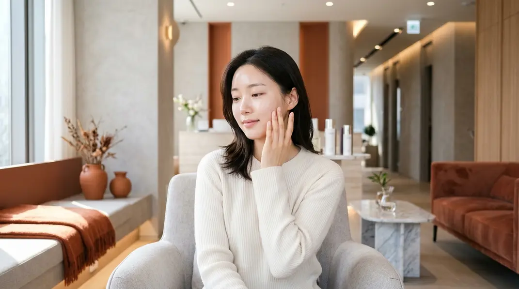 A young woman with a clear, glowing complexion gently touching her cheek in a modern Korean clinic.